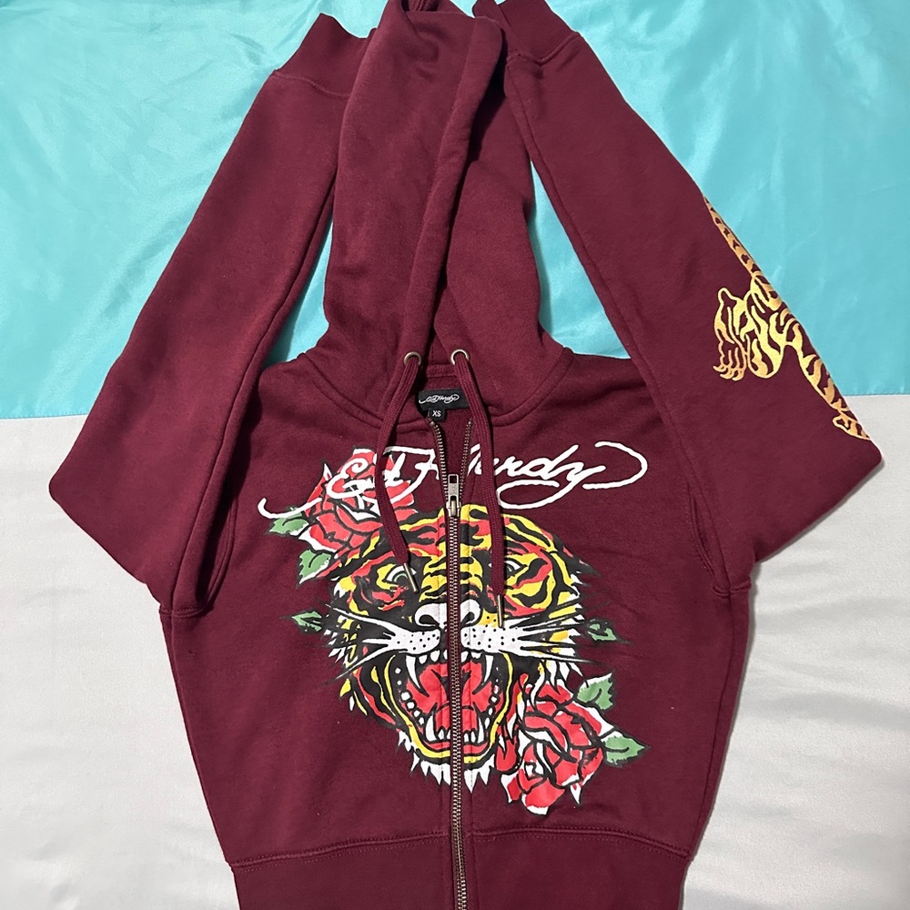 Ed Hardy Burgundy Hoodie with Tiger and Rose
